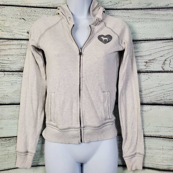 Victoria’s Secret PINK Hoodie XS Gray Zip Up Sweatshirt Amazing Graphic Back - Picture 1 of 7